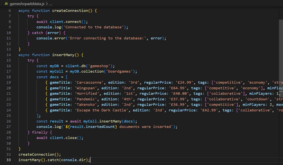 Using the insertMany function in VS Code to input data into Mongo DB Atlas.