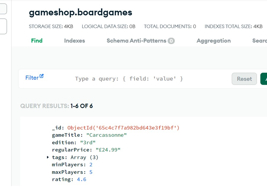 This 6 boardgames now visible as data in Mongo DB Atlas.