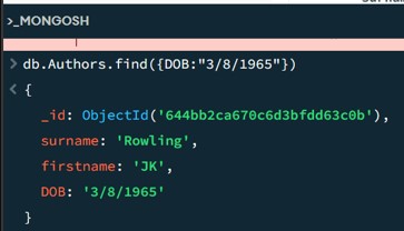 Code and results of finding an author's details in MongoDB.
