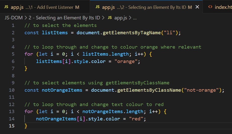 Using JS DOM to change colour of text based on HTML class.