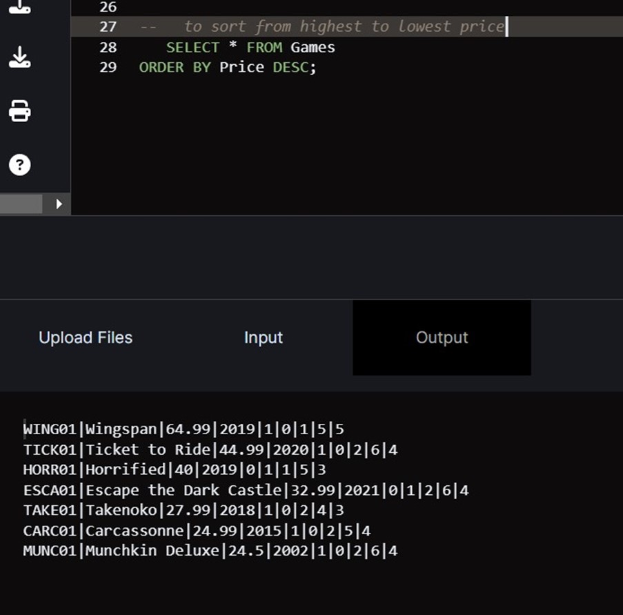 Sorting via price with SQL on JDoodle.