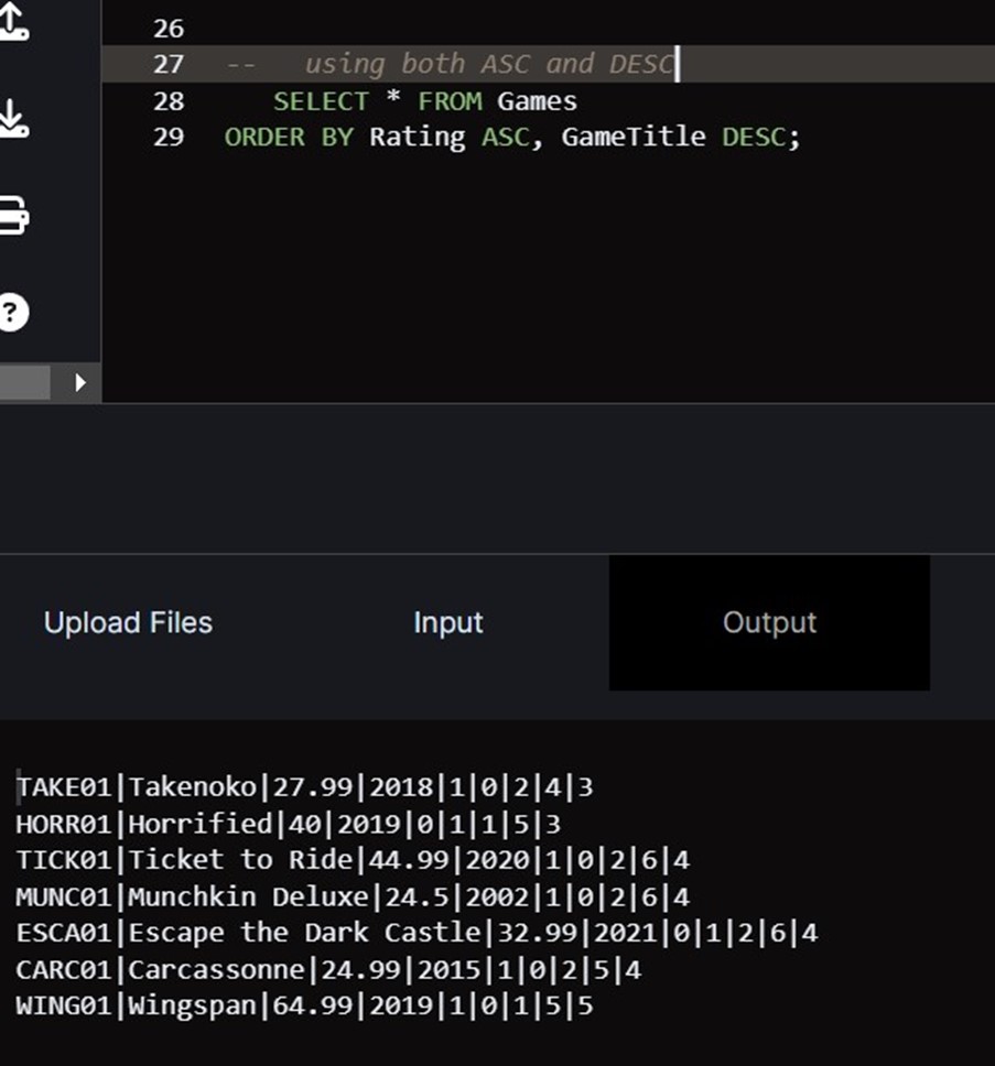 Using ASC and DESC with SQL on JDoodle.