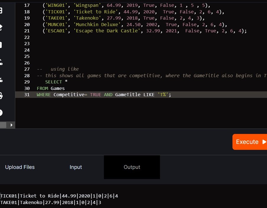 Using like in SQL on JDoodle.