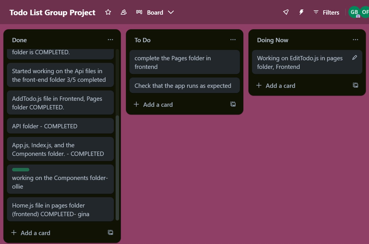 An image of the Trello board we used to keep track of who was doing what.